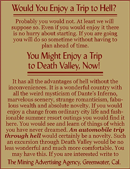 An actual 1907 advertisement inviting travelers to take an automobile trip through Death Valley