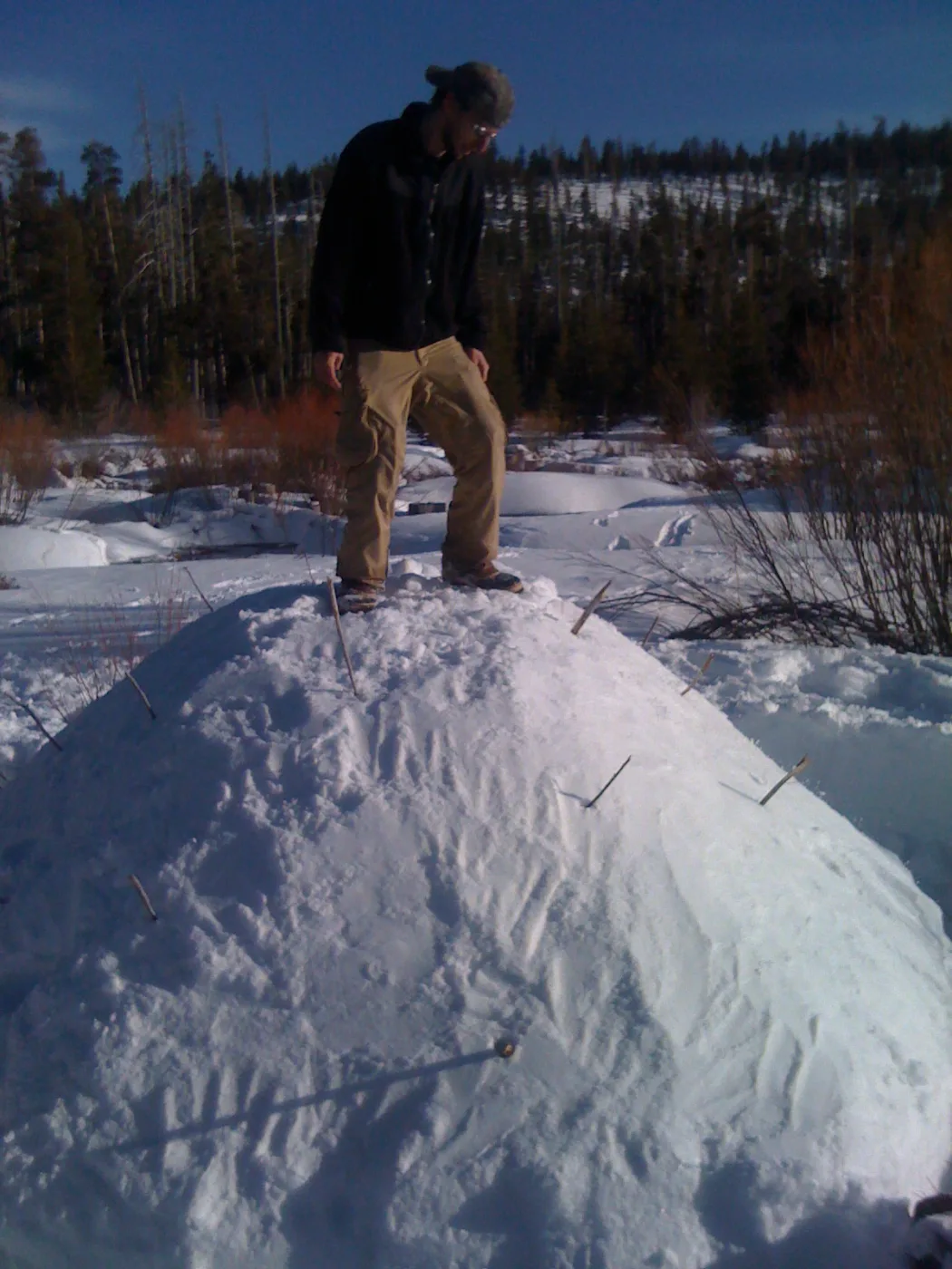 Executive team building a snow shelter together on a winter retreat