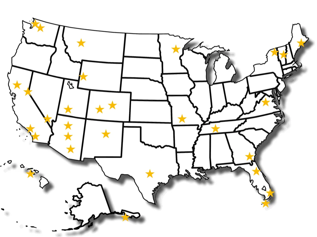 Map of Be Legendary executive retreat locations across the United States