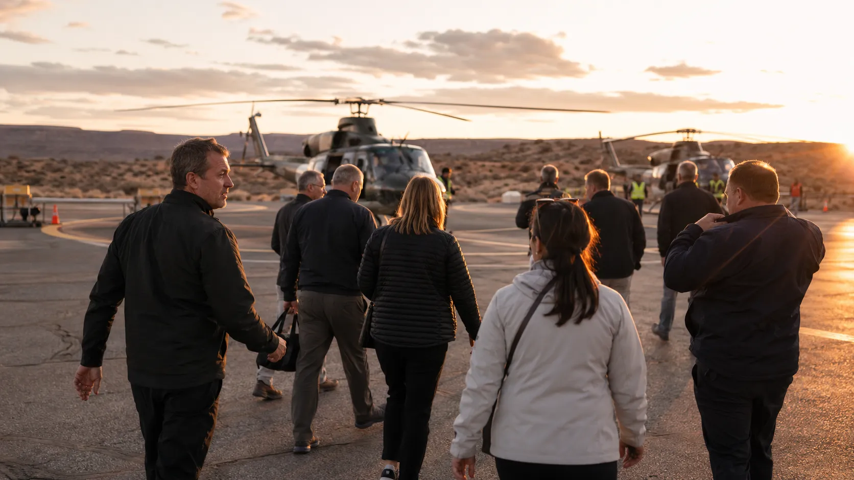 Executives walking toward two waiting helicopters in the desert at golden hour.
