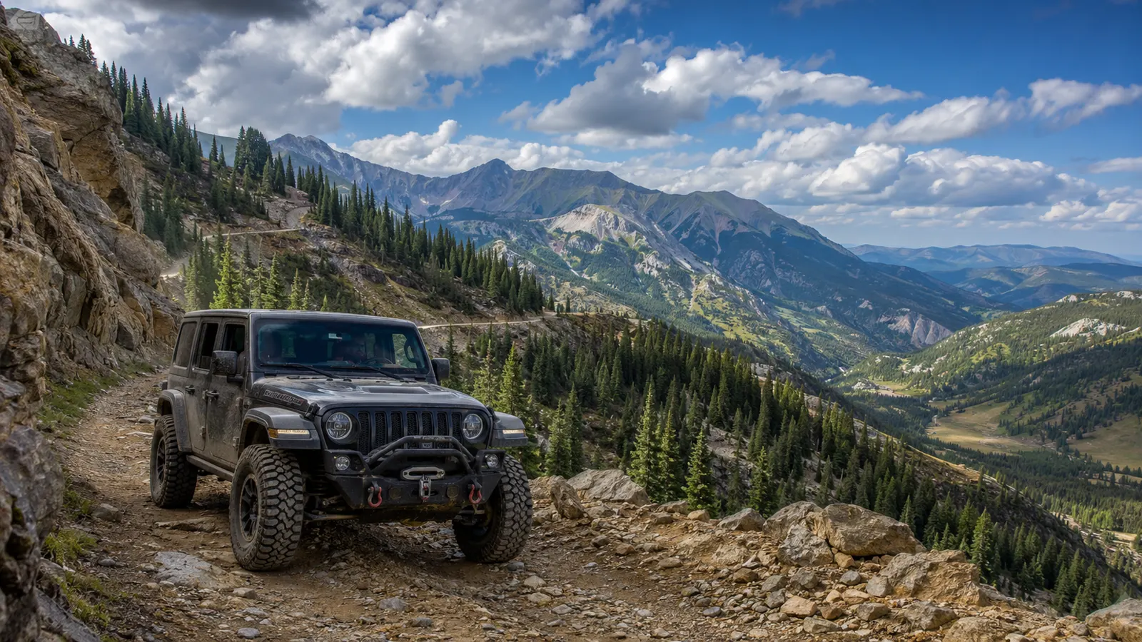 A Jeep Wrangler on a high shelf road in the Colorado Front Range high country above Boulder, pine forest and a mountain valley below.